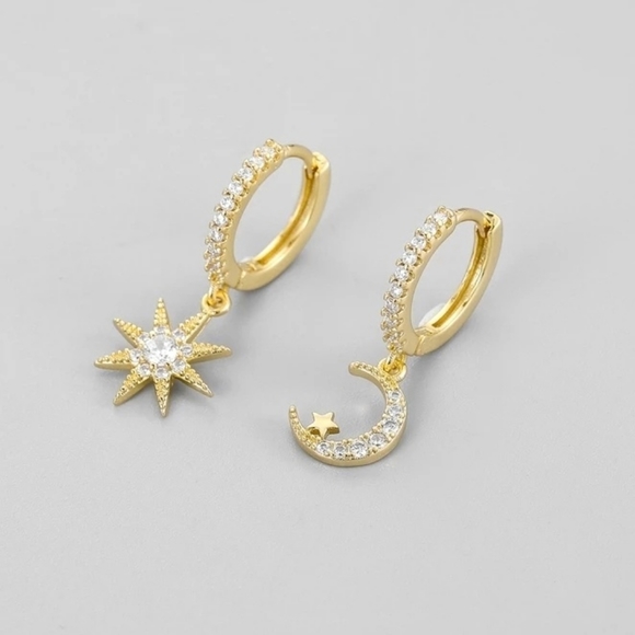 Jewelry - NEW Moon & Star CZ Gold Hoop Earrings -S925